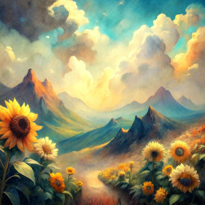 Vintage Old, Soft Colors, Shade Brown, Oil Painting, Landscape Sunflowers, Mountains, Sky and Clouds.