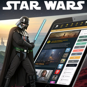 Interactive webpage featuring customizable Star Wars text generator. Choose from various fonts, sizes, colors, and effects to create personalized Star Wars logos and messages.