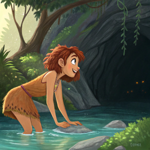 In a vibrant digital painting, the character from The Croods has an earthy color palette. She leans over a shimmering lake in a dense, rocky forest. Her face is wide-eyed and playful, with reddish-brown hair. The background features lush greenery and a dark, mysterious cave.