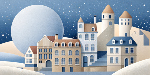 White illustration, rene magritte aesthetics style, street of surreal many historical europe houses, briges and trees, big  ocean, galaxy sky, soft lines, grainy paper