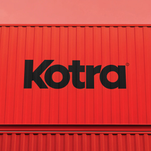 Branding design for KOTRA. Bold black text on a vibrant red backdrop. Modern sans-serif font. High contrast between text and background.