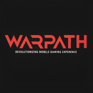 Modern gaming logo for Warpath. Bold red font on black background. Subtext: 'Revolutionizing Mobile Gaming Experience'
