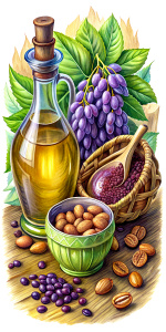 Grape seed oil, grapes, cocoa butter, on a white background