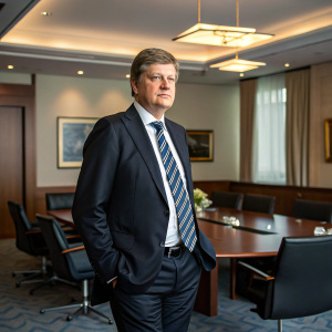 Stephan Engels, CFO of Commerzbank AG, in a formal meeting room. Dark suit and striped tie, serious expression.