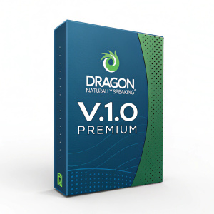Blue and green box of Dragon NaturallySpeaking v11.0 Premium. Stylized logo, software name and features prominently displayed. Modern, tech-oriented design.