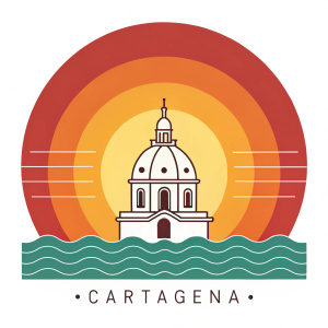 A logo for Cartagena, coastal city in Colombia, featuring a vibrant, radiant sun with a small, stylized temple in the center. Warm hues of red, orange, yellow, and green create an abstract gradient background, evoking feelings of warmth and sunshine. The design is modern and clean, with a simple yet distinctive look.