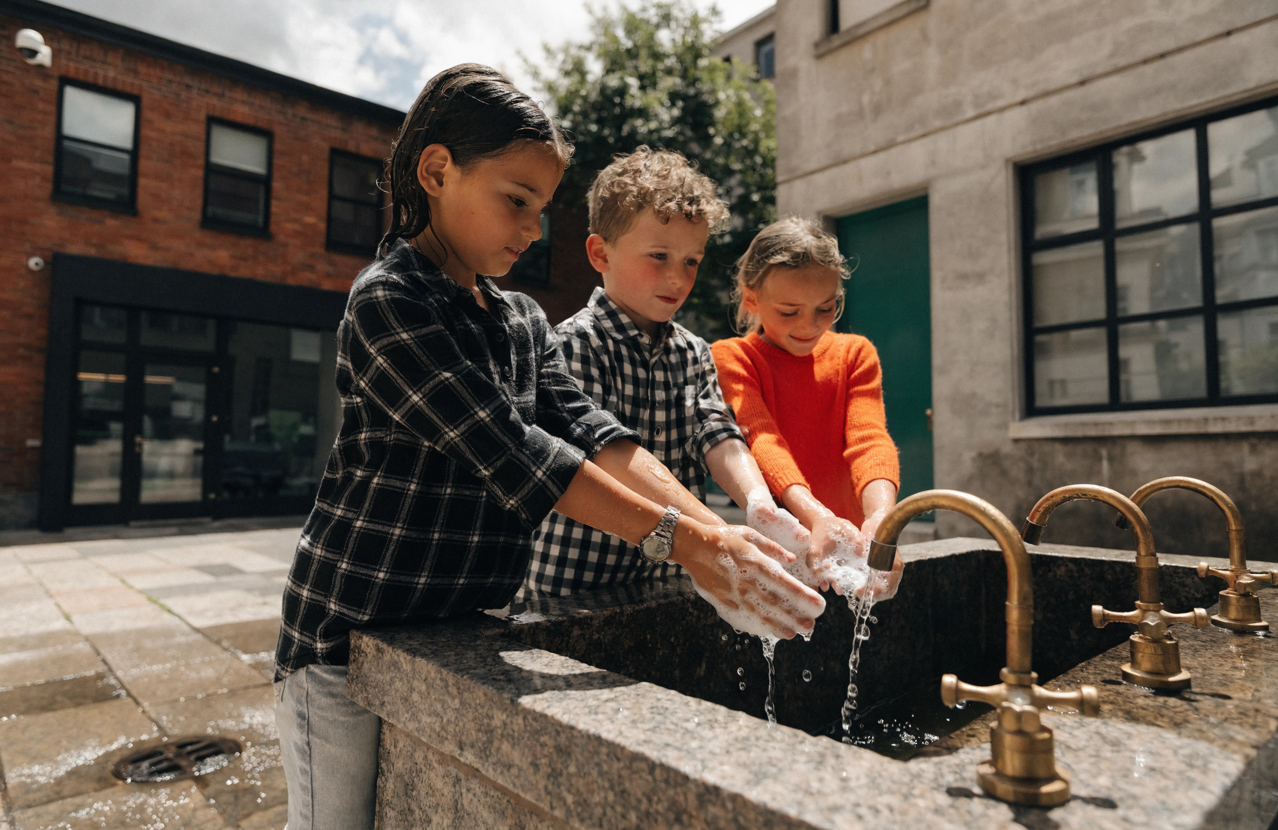 
        Children wash their hands and rub bubbles.
        