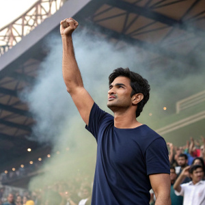 Sushant Singh Rajput, robust and confident, in a navy blue t-shirt. Raising his fist in a crowded stadium, amidst fans and smoke effects
