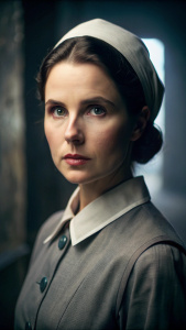 brunette Irena Sendler a nurse. Cinematic shot, dramatic atmosphere, gloomy light