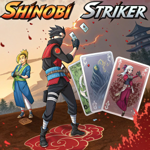 Promotional artwork for Shinobi Striker. Characters in colorful outfits, detailed backgrounds. Cards with unique designs. Dark liquid effect in background. Vibrant colors.