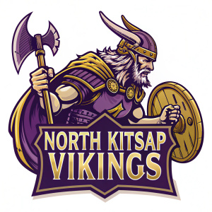 North Kitsap Vikings logo. A strong Viking warrior, gold and deep purple colors, bold text 'North Kitsap Vikings'.