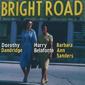 Vintage movie poster for 'Bright Road'. Yellow backdrop. Dorothy Dandridge, Harry Belafonte, Barbara Ann Sanders. Mid-century promotional style. Flat illustration design.