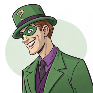Cartoon character, The Riddler from Batman series. Green suit, purple undershirt, green top hat with question mark. Happy expression.