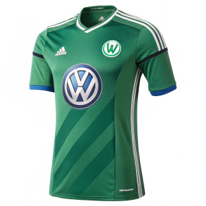 VfL Wolfsburg soccer jersey, green with blue Volkswagen logo on chest. Adorned with Adidas three stripes on sleeves.