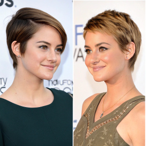 Before and after photos of Shailene Woodley. Short hair transformation. White background