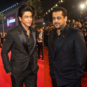 Collage featuring Shah Rukh Khan and Salman Khan at the Filmfare Awards. Both dressed in formal attire, dark suits. They are surrounded by celebrities and flashing cameras.