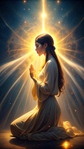 Close de uma mulher morena ajoelhada de lado com uma saia e uma blusa, mãos unidas em oração reverente. Expressão serena e devota em seu rosto. Um poderoso feixe de luz divina dourada desce majestosamente dos céus, envolvendo-a em um resplendor celestial.