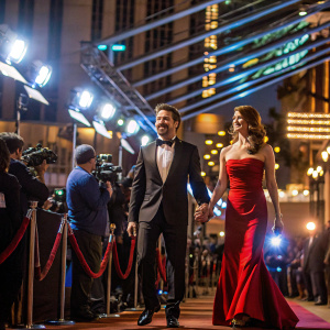 Robert Downey Jr. and Ashley Greene at the Oscars. Red carpet event, both dressed elegantly.