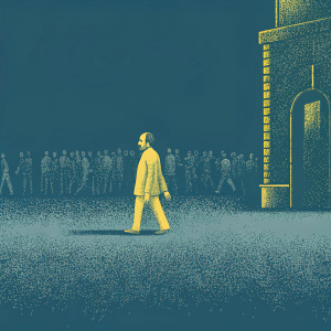 M. Venkaiah Naidu, BJP leader, strolling through a bustling street. Red-bricked building with archway entrance. Crowd of people in the background.