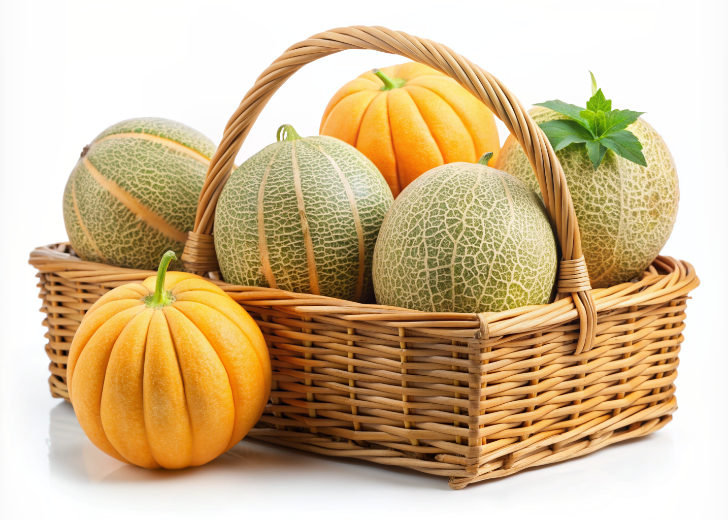 Set of fresh Cantaloupe
 in a busket, cut out
isolated white background