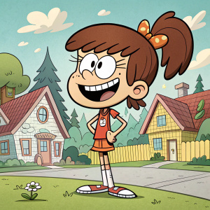 Lynn Loud from The Loud House, ponytail, smiling brightly in a cartoon setting.