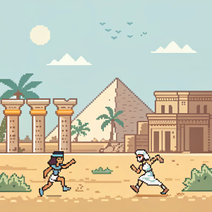 8-bit pixel art featuring an ancient Egyptian scene. Characters in dynamic poses, simple shapes, flat color palette, retro video game style. Temple setting with stylized structures.