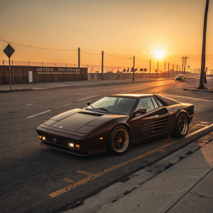 Custom-built Ferrari Testarossa tribute car in dark chocolate brown, parked on an empty street at sunset.