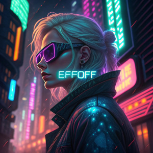 Cyberpunk character, blonde hair, pale skin, futuristic sunglasses with 'EFFOFF' text. Standing amidst glowing neon lights and digital glitches.