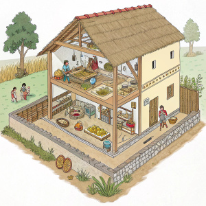An Aztec farmer's house, intricate cutaway view. Showing interior layout with farming tools. Various Aztec people performing daily tasks.