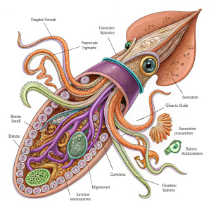 Detailed illustration of a squid's internal anatomy showcasing its complex organ systems in vibrant hues of brown, purple, orange, and green. Key features include the digestive gland, ink sac, gills, stomach, digestive caecum, kidneys, heart, and ovaries.