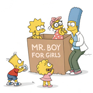 In a whimsical cartoon, Bart Simpson, Lisa Simpson, Marge Simpson, Homer Simpson, and Maggie Simpson are gathered around a giant box labeled 'Mr. Boy FOR GIRLS'. Each character is in a unique pose, reflecting their personality. The simple, colorful cartoon style highlights their distinct hairstyles and outfits, creating a joyful scene.