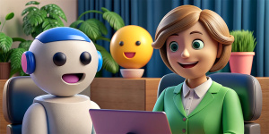 A person sitting at a computer, excitedly chatting with a large, friendly-looking AI chatgpt 4 avatar. Both have thought bubbles above their heads, filled with emojis and creative text snippets.