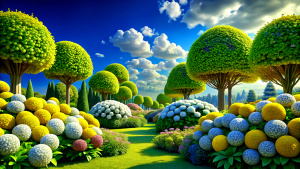 beautiful photorealistic garden, hydrangeas, trees, flowering,