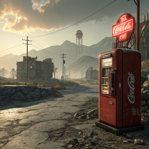 Promotional poster for Fallout: Wasteland Warfare. Vintage-style Nuka Cola vending machine in the foreground. Desolate, post-apocalyptic wasteland as background.