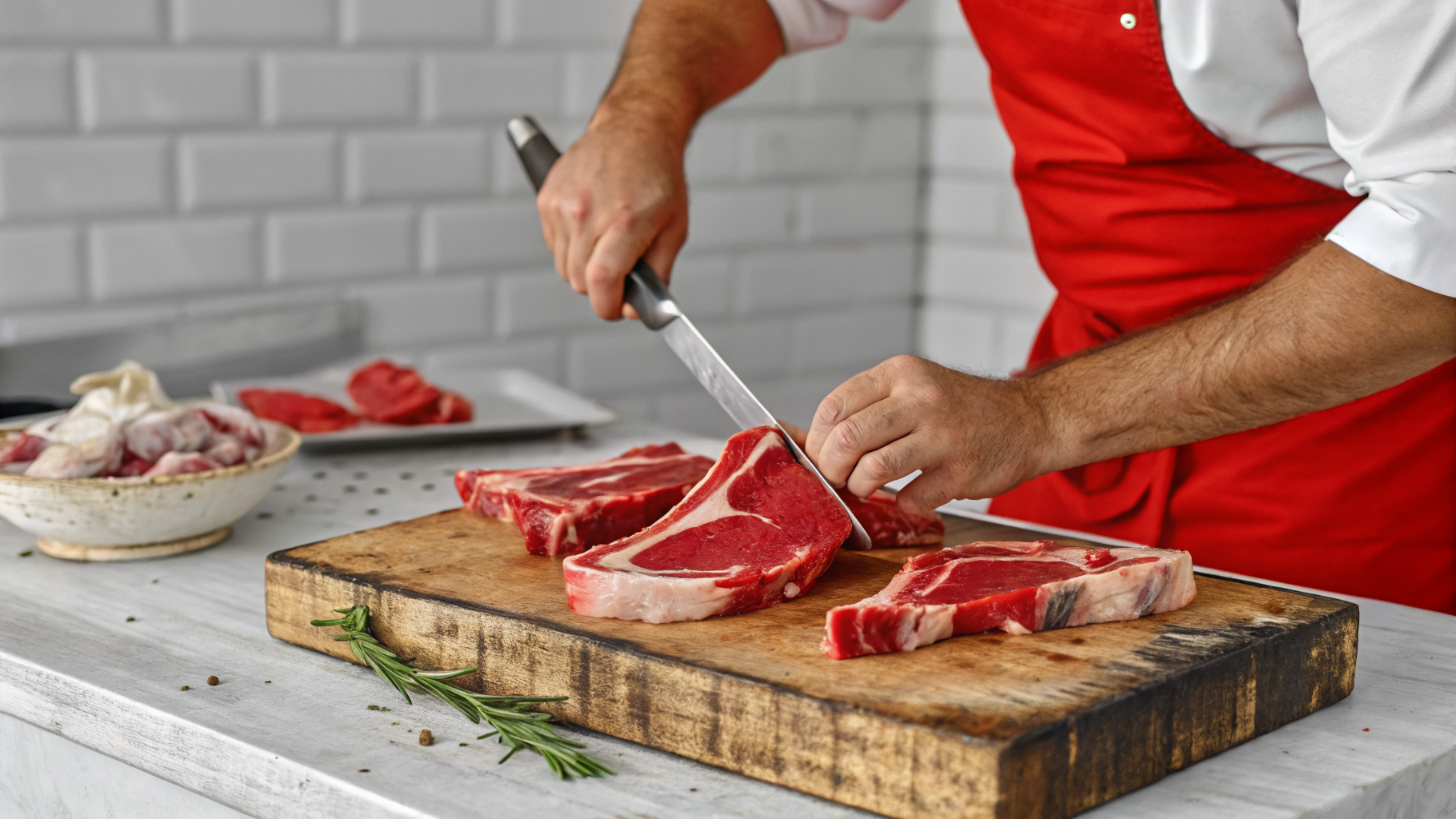 Butcher expertly trimming fresh lamb chops on a wooden block