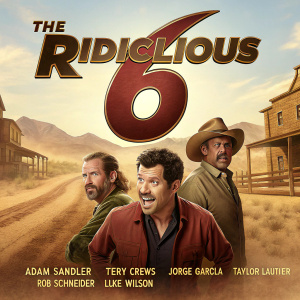 Promotional image for 'The Ridiculous 6'. Actors Adam Sandler, Terry Crews, Jorge Garcia, Taylor Lautner, Rob Schneider, and Luke Wilson in a rustic Western setting. Warm earthy tones, with the title and actors' names prominently featured.