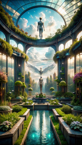 garden in the heavens, winged men, sci fi, futurist, cyberpunk, floating screen, with message