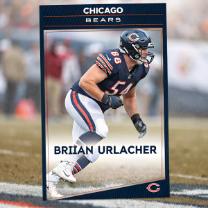 Brian Urlacher, Chicago Bears linebacker, in dynamic action pose. NFL trading card design. Close-up on uniform and team logo.
