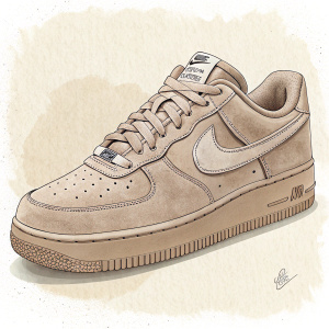 A detailed image of the Nike Air Force 1 sneaker in a sophisticated beige tone. Highlighting its casual, sporty design with suede-like texture and visible brand logo.
