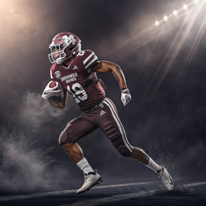 Digital illustration of Johnathan Abram in a dynamic pose. Caucasian football player from Mississippi State University, intense gaze, wearing football uniform, helmet, and jersey. Dark background with dramatic lighting, 2019.