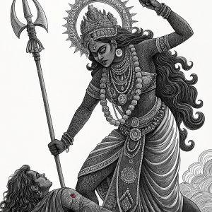 An intricate black and white engraving featuring the Hindu goddess Kali, adorned in elaborate jewelry and standing dominantly with a fierce expression. She towers over a subordinate figure in a submissive posture. The engraving is detailed and flat.