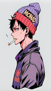 Create a male Yakuza anime character in profile view with a cigarette in his mouth, wearing a purple winter beanie with "MONAD" written on it.