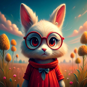 small bunny in glasses in a red dress + field