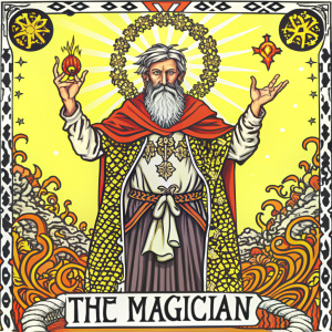 Tarot card with the image of the Magician, in full growth, with his right hand raised, an infinity sign above his head, at the bottom the inscription: the Magician