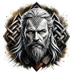 walhalla, viking warrior,  runics face, black work, white backrounds