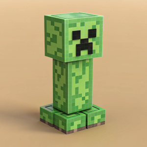 A pixel art illustration featuring a Minecraft creeper, simple blocky shapes, vibrant green color
