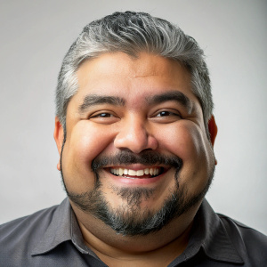 hombre mexicano moreno joven años gordo pelo corto canoso ojos saltones ceño fruncido barba y bigote sonriendo dientes pequeños nariz ancha hoyuelos