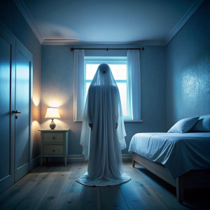 scary ghost pocong at behind in the bed room