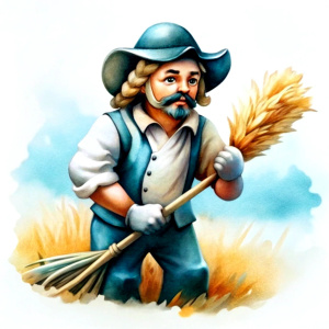 Medieval farmer working in barley field, cartoon