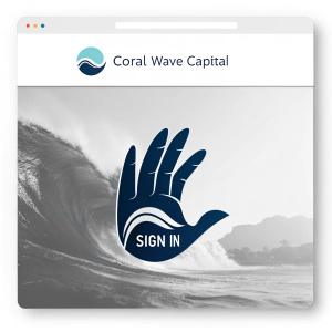 Homepage for Coral Wave Capital featuring a hand-shaped graphic, corporate logo, and prominent 'Sign In' button. The interface is characterized by a subdued and professional color palette.